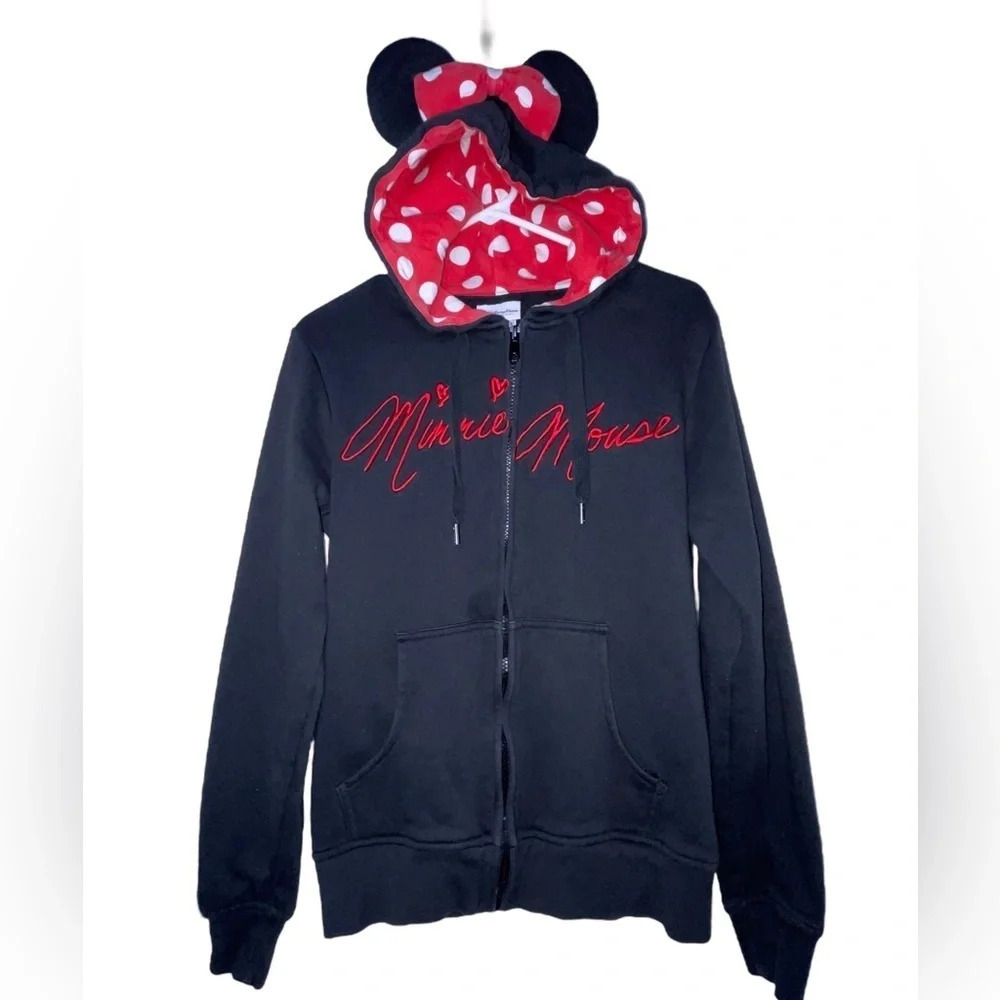 Disney Parks Minnie Mouse Zip Up Jacket Hoodie With Mouse Ears and Bow Size M